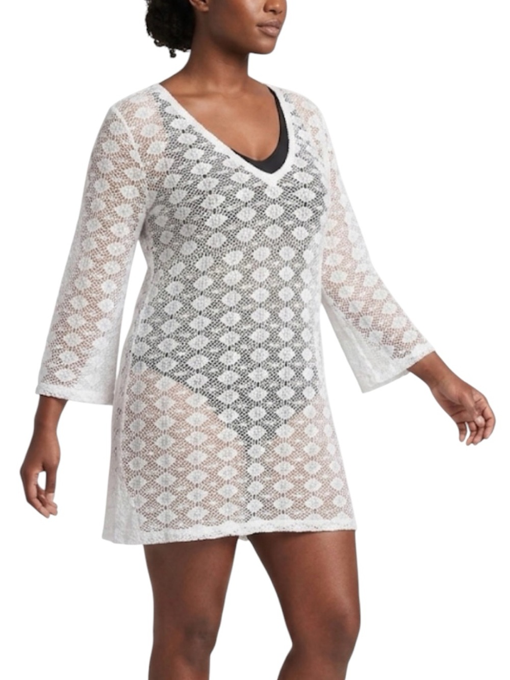 Women's White Crochet Open Knit V-Neck Swim Cover-Up Tunic Size XL